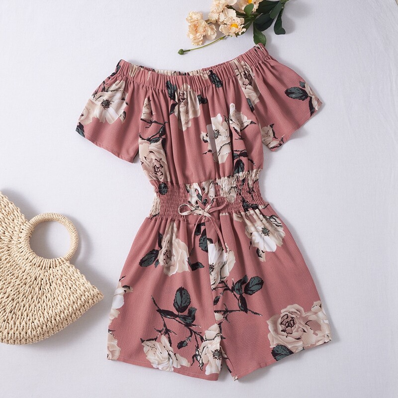 Floral Print Shirred Romper, Dusty pink