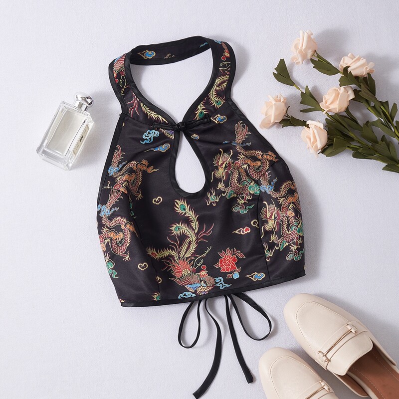 

Dragon And Phoenix Graphic Halter Top, Multicolor