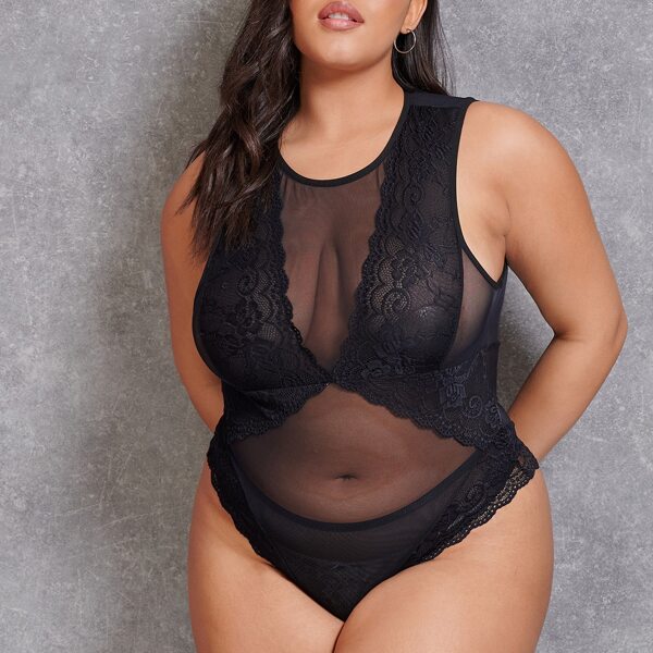 

Plus Floral Lace Teddy Bodysuit Without Thong, Black