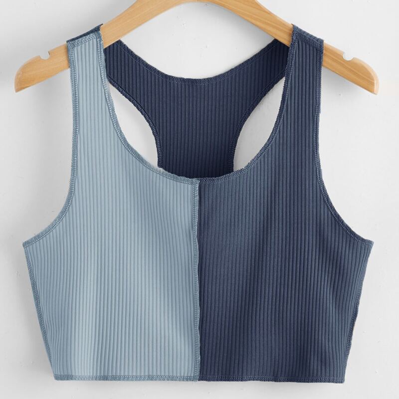 

Stitching Trim Two Tone Ribbed Tank Top, Multicolor