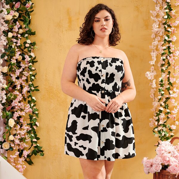 

Plus Cow Print Button Front Shirred Tube Dress, Black and white