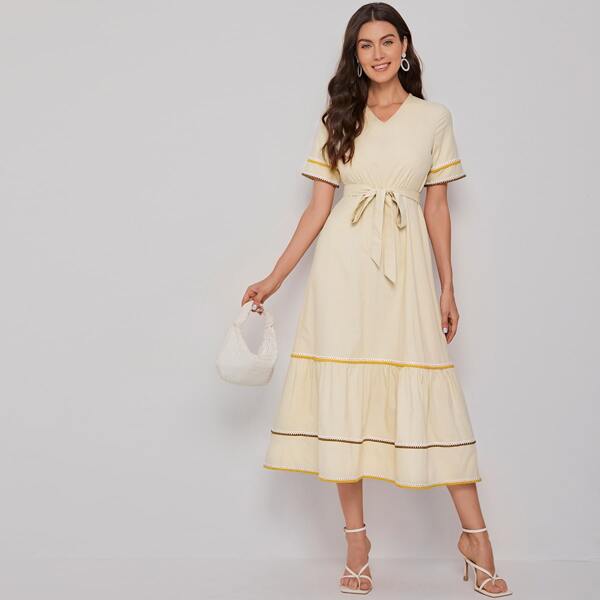 

Self Belted Ruffle Hem Contrast Stitch Dress, Beige