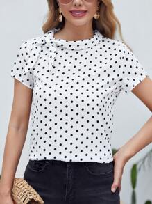 SHEIN Clasi Tie Neck Polka Dot Top - White - View 1