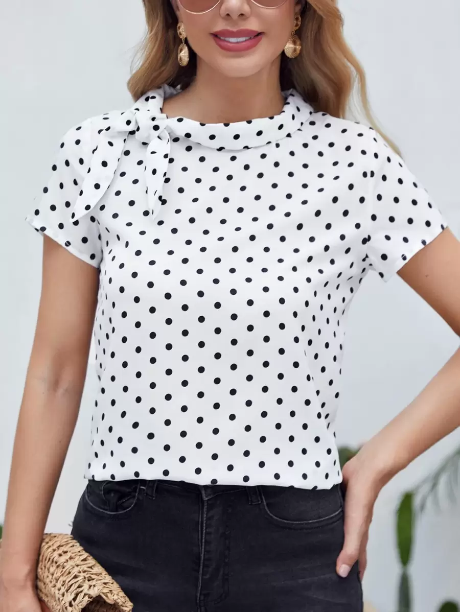 SHEIN Clasi Tie Neck Polka Dot Top - White - View 1