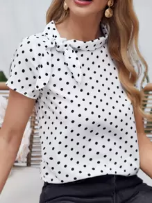 SHEIN Clasi Tie Neck Polka Dot Top - White - View 5