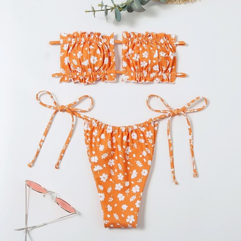 

Ditsy Floral Frill Bikini Swimsuit, Coral orange