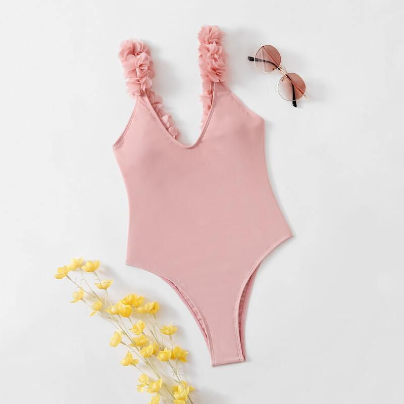

Flower Decor Strap One Piece Swimsuit, Dusty pink