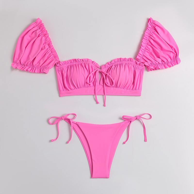 

Solid Frill Trim Bikini Swimsuit, Pink