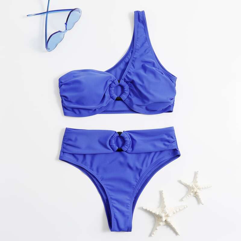 

Solid One Shoulder Ring Decor Bikini Swimsuit, Royal blue