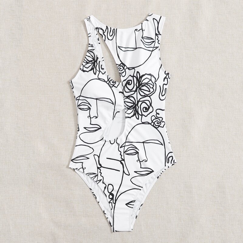 

Graphic Cut Out One Piece Swimsuit, White