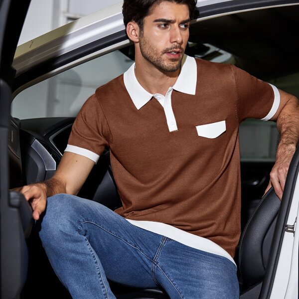 

Men Contrast Panel Knit Polo Shirt, Brown
