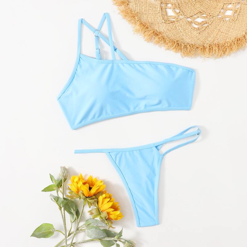 

Solid Asymmetrical Bikini Swimsuit, Blue