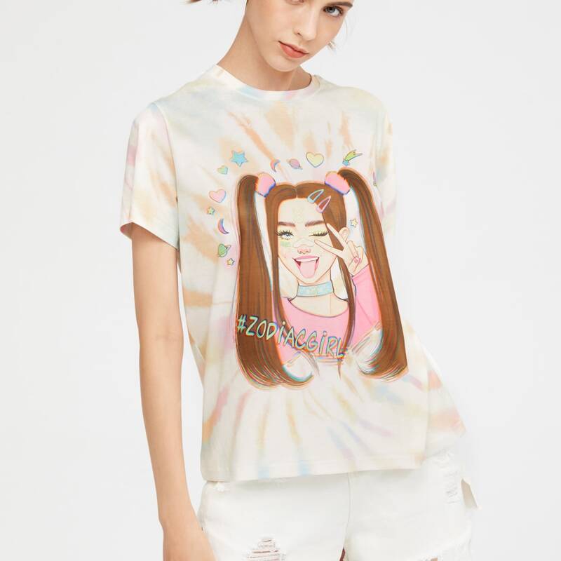 

Cartoon Figure Graphic Tie Dye Tee, Multicolor