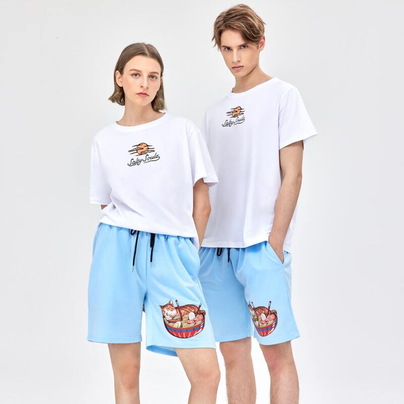 

ROMWE X Vincenttrinidadart Unisex 1pc Cat & Noodle Graphic Shorts, Baby blue