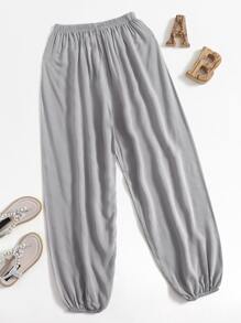Pantalones zanahoria de cintura elástica unicolor - Gris - Ver 1