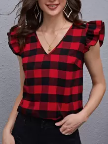 SHEIN Clasi Top De Cuadros Gingham Con Cuello En V Y Detalle De Volantes En Las Mangas - Multicolor - Ver 1