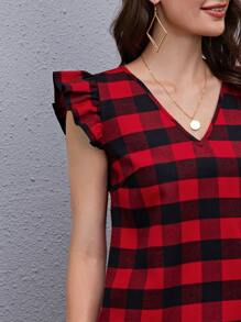 SHEIN Clasi Top De Cuadros Gingham Con Cuello En V Y Detalle De Volantes En Las Mangas - Multicolor - Ver 3
