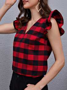 SHEIN Clasi Top De Cuadros Gingham Con Cuello En V Y Detalle De Volantes En Las Mangas - Multicolor - Ver 4