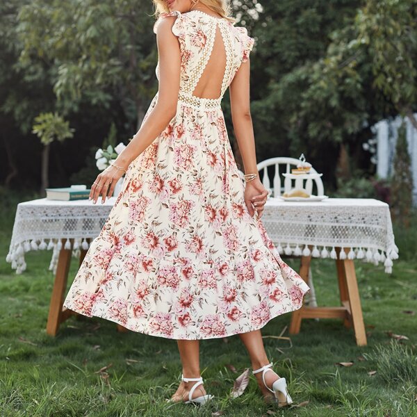 

Guipure Lace Open Back Floral Dress, Multicolor