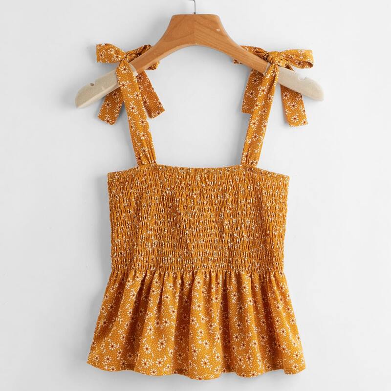

Ditsy Floral Shirred Tie Shoulder Cami, Orange