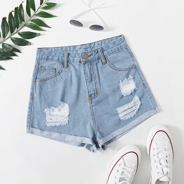 

Light Wash Ripped Cuffed Denim Shorts