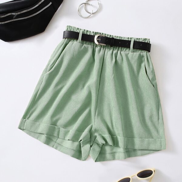 

Corduroy Slant Pockets Belted Shorts, Mint green