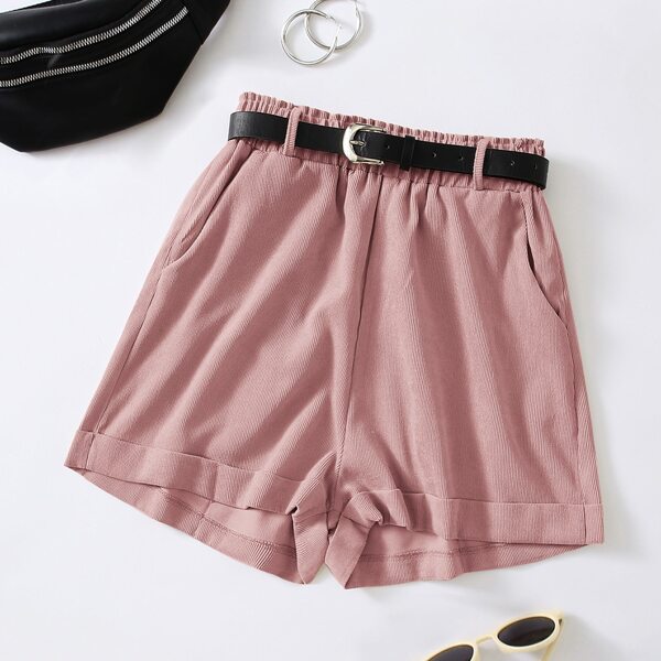 

Corduroy Slant Pockets Belted Shorts, Dusty pink