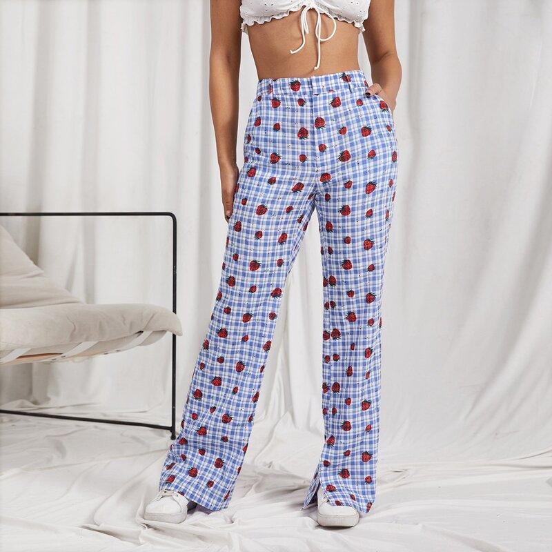 

Strawberry & Plaid Split Hem Pants, Multicolor