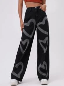 SHEIN EZwear Jean Tombol Hati - Hitam - View 1