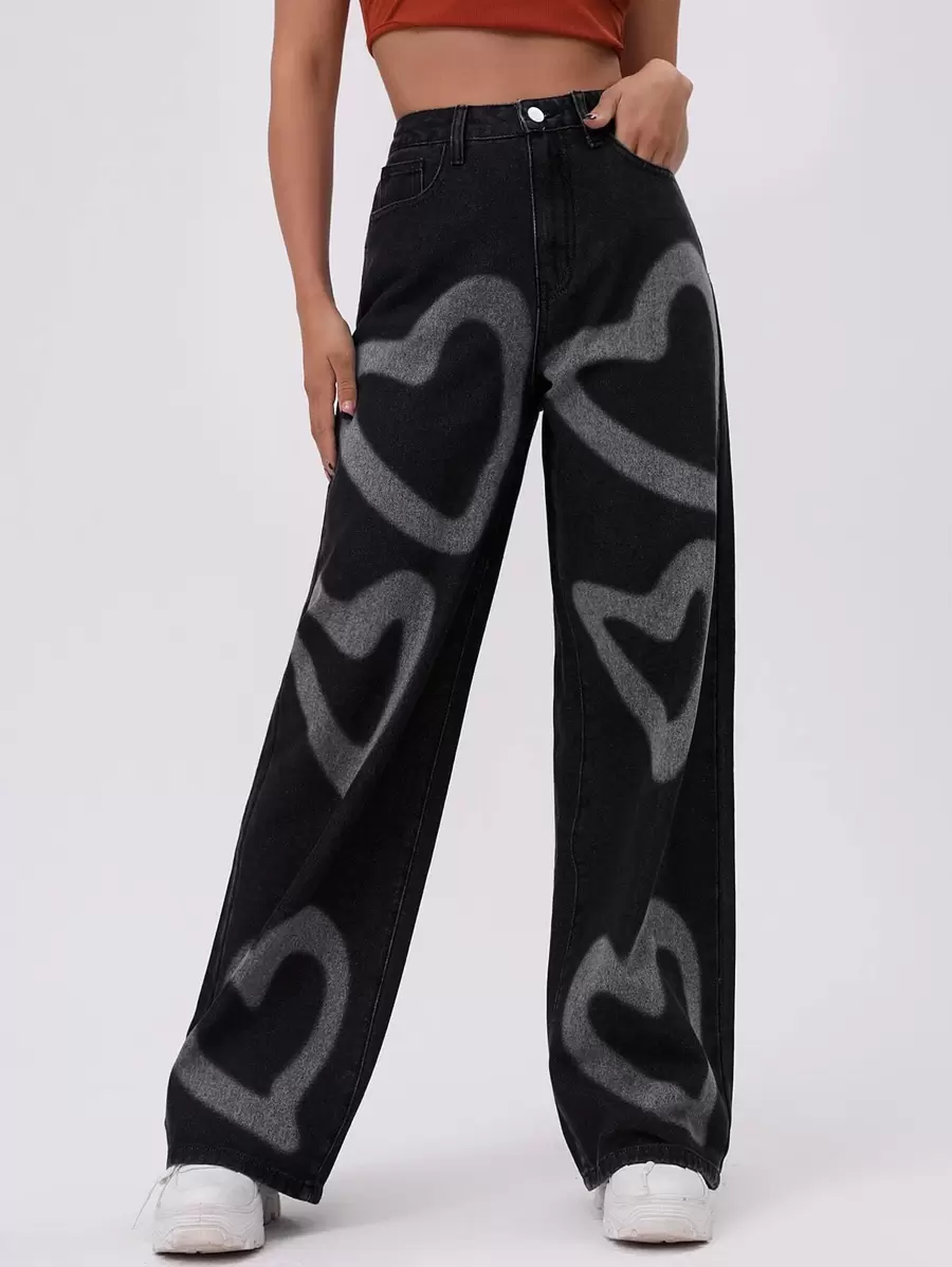 SHEIN EZwear Jean Tombol Hati - Hitam - View 1