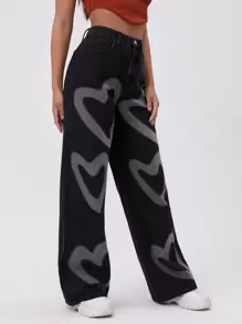 SHEIN EZwear Jean Tombol Hati - Hitam - View 3