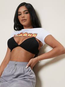 SHEIN SXY Fire & Letter Graphic Super Crop Tee Without Bra - White - View 3