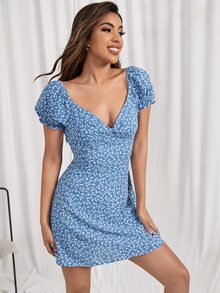 SHEIN 雞心領小碎花女僕風洋裝 - 霧霾藍 - 查看 5
