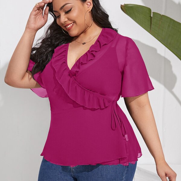 

Plus Solid Ruffle Trim Wrap Knot Sheer Blouse, Red violet