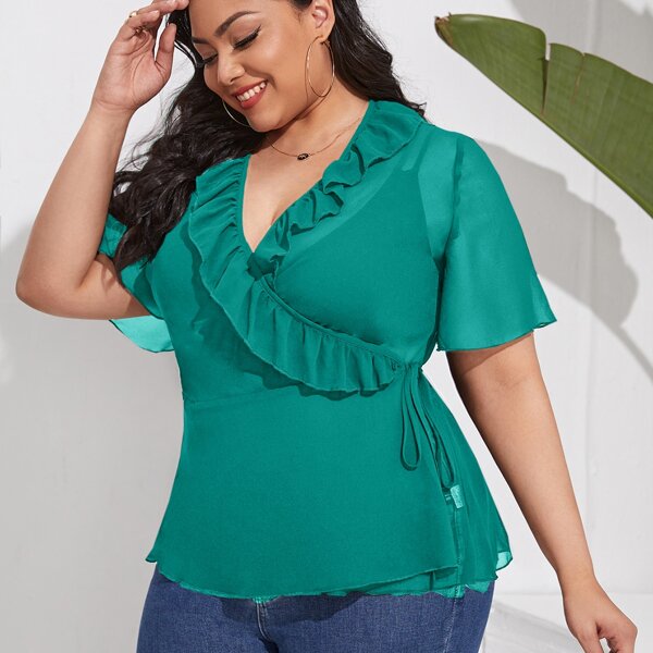 

Plus Solid Ruffle Trim Wrap Knot Sheer Blouse, Green