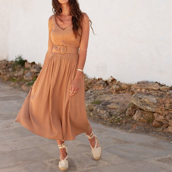 

O-ring Belted Solid Dress, Apricot