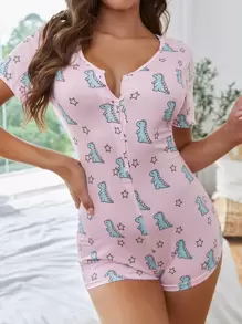 紐扣卡通和星星圖案睡連身短褲 - 淺粉色 - 查看 1