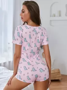 紐扣卡通和星星圖案睡連身短褲 - 淺粉色 - 查看 2