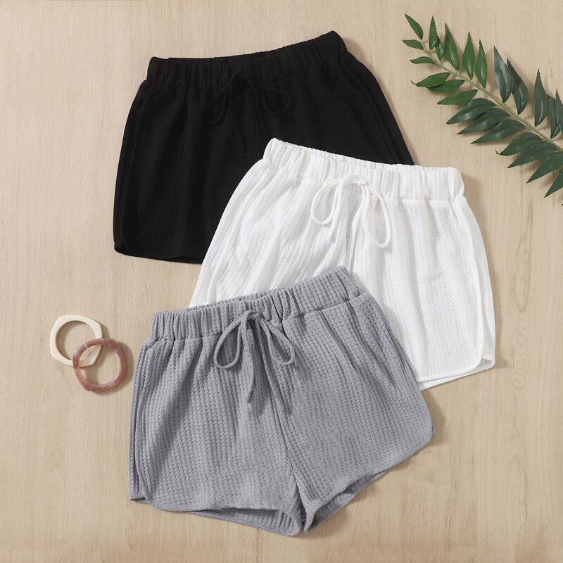 

3pc Tie Waist Waffle Knit Lounge Shorts Set, Multicolor