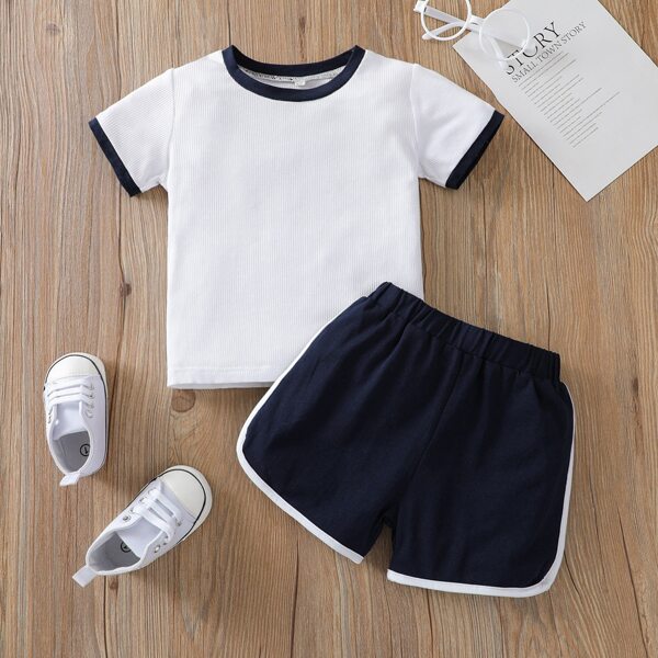 

Baby Girl Contrast Binding Tee & Shorts, Blue and white