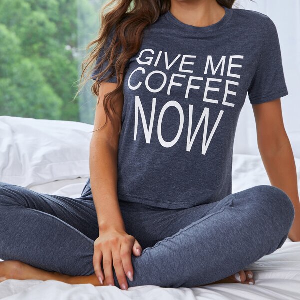 

Slogan Graphic Tee & Pants Lounge Set, Dusty blue