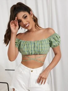 SHEIN Off Shoulder Puff Sleeve Tartan Crop Top - Multicolor - View 3