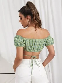 SHEIN Off Shoulder Puff Sleeve Tartan Crop Top - Multicolor - View 2