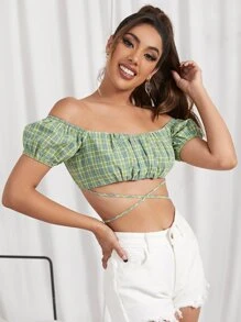 SHEIN Off Shoulder Puff Sleeve Tartan Crop Top - Multicolor - View 4