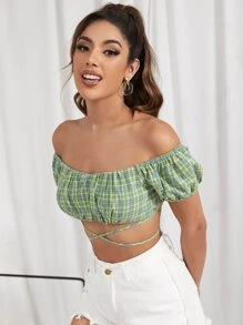 SHEIN Off Shoulder Puff Sleeve Tartan Crop Top - Multicolor - View 1