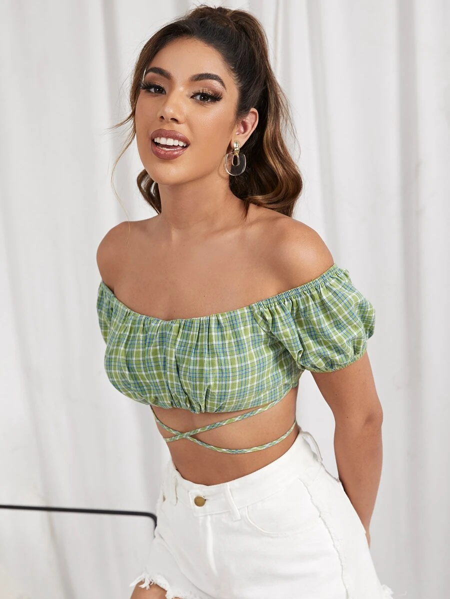 SHEIN Off Shoulder Puff Sleeve Tartan Crop Top - Multicolor - View 1