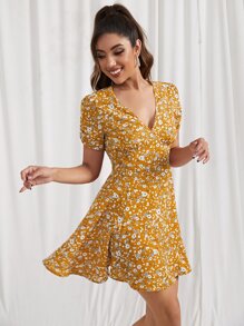 Soleia 抽褶袖小碎花連衣裙 - 芥末黃 - 查看 1