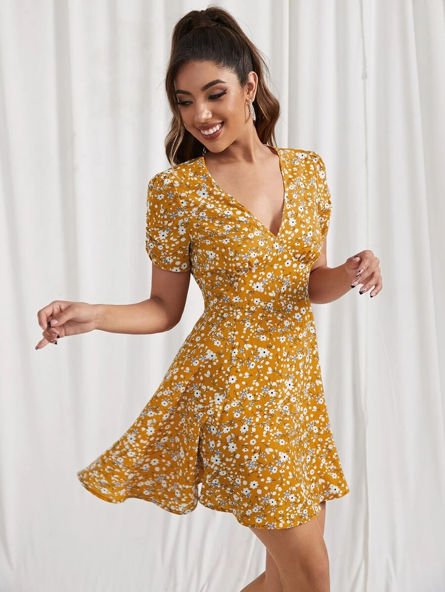 Soleia 抽褶袖小碎花連衣裙 - 芥末黃 - 查看 1