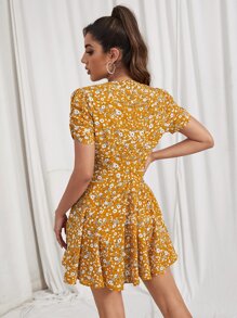 Soleia 抽褶袖小碎花連衣裙 - 芥末黃 - 查看 2