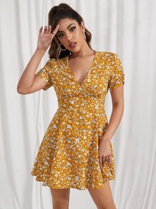 Soleia 抽褶袖小碎花連衣裙 - 芥末黃 - 查看 4